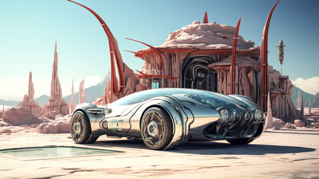An extreme fantasy car is shown connected to an EV charging station in the image, highlighting a futuristic and eco-friendly concept.