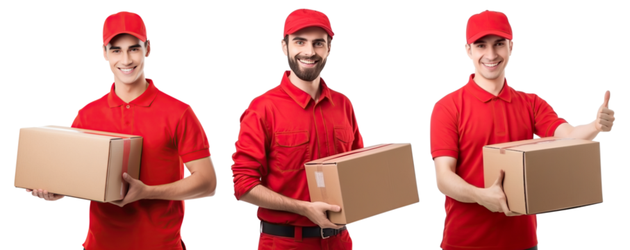 Happy delivery men with parcels, cut out - Powered by Adobe