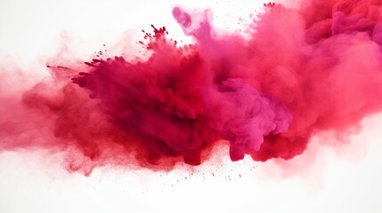 Red powder explosion abstract over a white background. Isolated red powder splatter. cloud with color. Colorful dust erupts. Color Holi