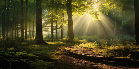 Naklejka premium Tranquil Serenity: Sunlight Filtering Through the Trees in a Enchanting Forest Clearing