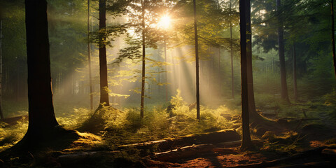 Tranquil Serenity: Sunlight Filtering Through the Trees in a Enchanting Forest Clearing