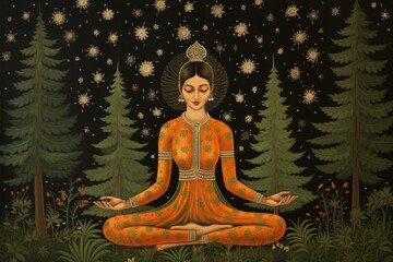 Yoga meditation pose. Illustration in orange and green.