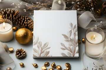 Christmas greeting card template. Empty paper mock up. New year flat lay, top view, copy space