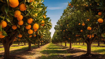 An orange orchard or oranges trees - obrazy, fototapety, plakaty