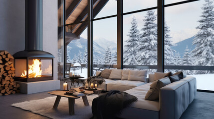 Cozy modern winter living room interior. Cozy house in the mountains
