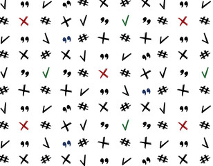 Seamless pattern of doodle signs, illustrative elements, checkmark, cross, quotation marks. Math pattern, minimalism, vector