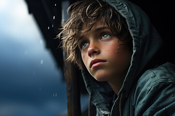 Portrait of sad autistic boy looking somewhere far away in rainy day outdoors - obrazy, fototapety, plakaty