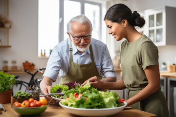 caregiver preparing a nutritious meal for an elderly person, focusing on dietary care and health