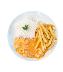 Plate of food with Strogonoff and rice and french fries. Transparent background png