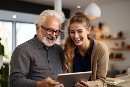 photo of an older individual using technology devices with the help of a caregiver, highlighting the role of technology in improving the quality of life for seniors