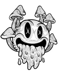 illustration of a smile emoji with foam coming out of the mouth, smiling emoji with mushrooms growing behind it, emoji tattoo
