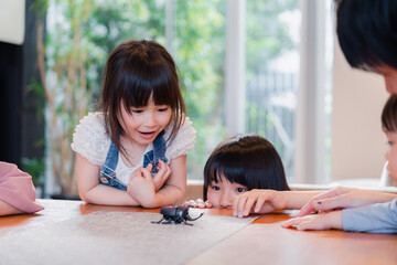 昆虫の観察をする家族