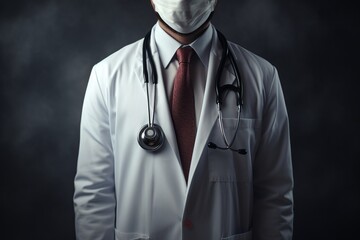 Male doctor wearing medical mask, standing in white coat - obrazy, fototapety, plakaty
