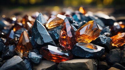 Bright crystals shining in the sun. Multi-colored stones and crystals. Precious magic stones. Generative AI.