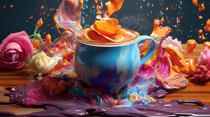 Cup covered with bright colors. An explosion of bright colors, a mixture of colors. Generative AI.