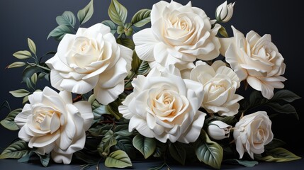 Beautiful white roses. Opened buds of white roses. Large bouquet of white roses. Generative AI.