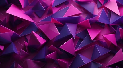 Triangle forms and diagonal stripes are scattered on an abstract purple and pink background