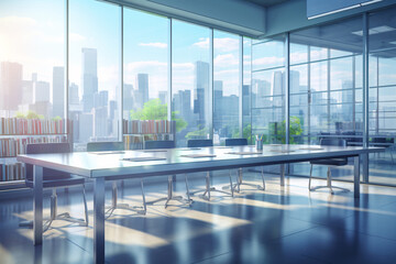 Blurred modern business office interior room use for background in business concept. Meeting room. Blur corporate business office and skyscraper building city view. Workspace design.