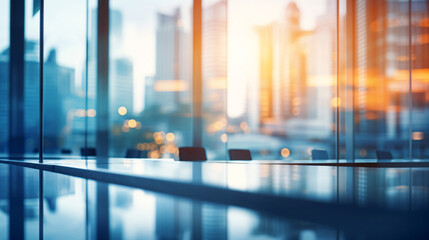 Blurred modern business office interior room use for background in business concept. Meeting room. Blur corporate business office and skyscraper building city view. Workspace design.