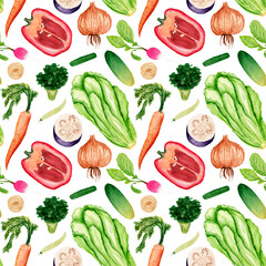 Watercolor pattern, various vegetables, chopped food on a white background. For various food products, wrapping, etc.