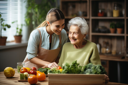 caregiver assisting an older person with daily tasks at home, such as cooking or cleaning, highlighting the importance of in-home care and support