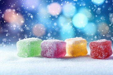 Multi-colored square jelly candies or marmalade on powdered sugar or snow with falling snowflakes background. Empty space for product placement or advertising text.