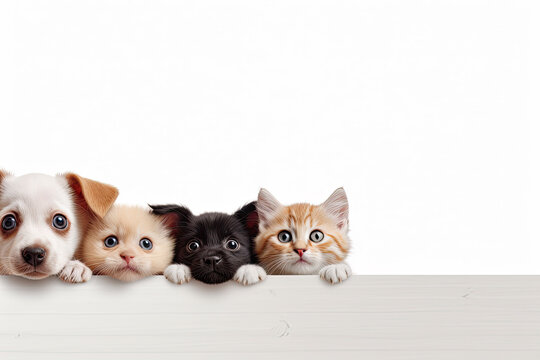 A row of kittens and puppies peeking out behind a board or wooden fence on a white background. Poster mockup for a pet store or veterinary clinic.