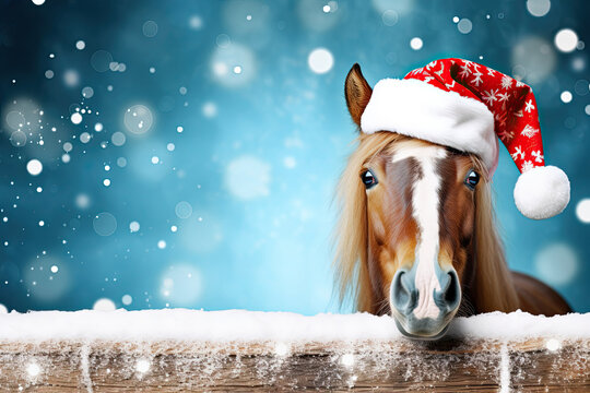 A horse or pony in a red Santa Claus hat peeks out behind a board or wooden fence on a snowy background. Empty space for product placement or advertising text.