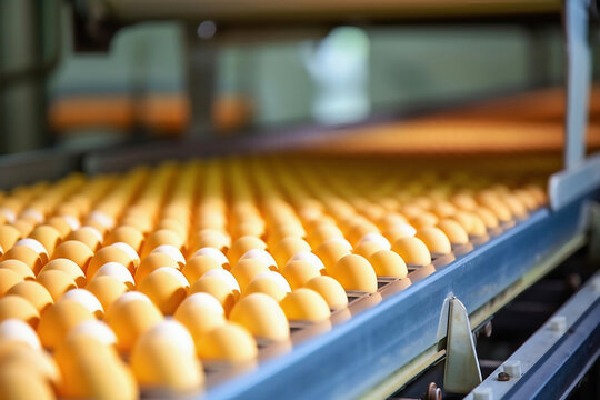 Chicken eggs move along a conveyor in a poultry farm. Food industry concept, chicken egg production. Lots of brown and white chicken eggs.
