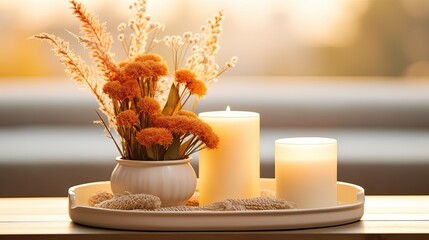 Burning Candles in the Style of Autumnal Season over a Blurred Background.