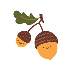 Vector illustration of cute acorn characters with leaf isolated on white background