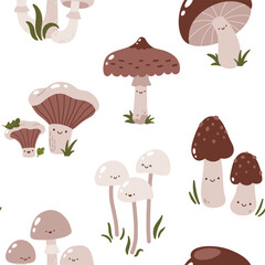 Vector seamless pattern with cute forest mushroom characters on a white background - 649773894