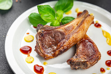 lamb cutlet meat on the bone second course fresh meat portion food appetizer meal food snack on the table copy space food background rustic top view