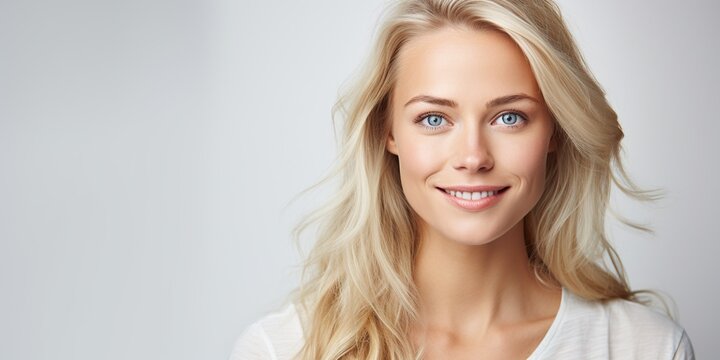 A very beautiful 30-year-old blond woman with a gentle smile against a white background. Natural charm and inner beauty. Generative AI