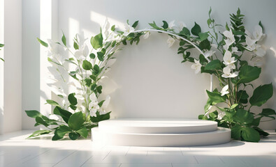 Podium with Leaves and Roses, Plant for Wedding on Window for Product Skin Care and Beauty Presentation, using Generative Ai