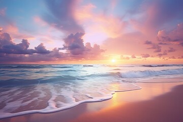 Fototapeta na wymiar Amazing Ocean View during the Sunrise, Empty Beach, Cloudy.
