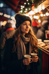 young woman in warm cozy winter clothes with hot drink at christmas market with fairy lights and decorations in winter in film editorial magazine style