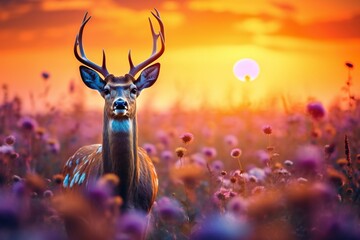 beautiful colorful meadow of wild flowers floral background, landscape with white flowers and a deer with sunset and blurred background