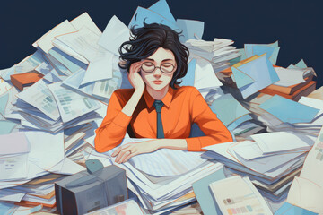  illustration of a young woman/student looking tired/exhausted/overworked in office work place surrounded by piles of documents burned out depressed hand drawn digital art color block