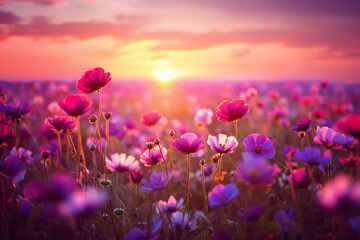beautiful colorful meadow of wild flowers floral background, landscape with purple pink flowers with sunset and blurred background