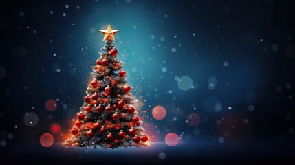 Christmas Tree over a Magical Blue Sky full of Colorful Particles. X-Mas event.