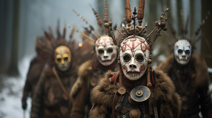 Kurentovanje Slovenia carnival, people are dressed up in scary costumes on the streets - obrazy, fototapety, plakaty