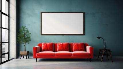 Interior waiting room mockup with sofa and frame 3D render.