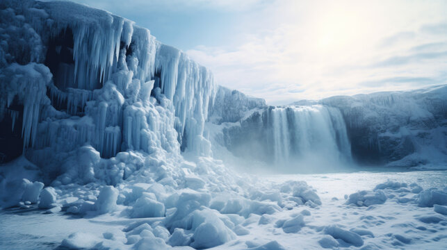 a frozen waterfall in winter