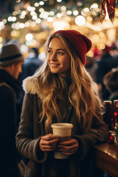 young woman in warm cozy winter clothes with hot drink at christmas market with fairy lights and decorations in winter in film editorial magazine style