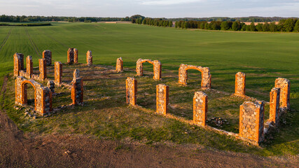 Ruins of an ancient building that looks like Stonehenge, drone view, Smiltene, Latvia