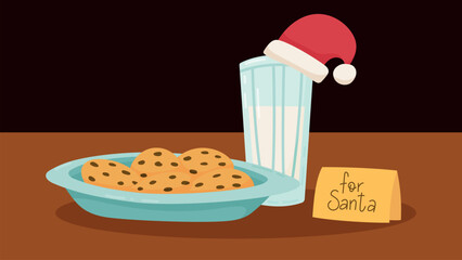 Cookies and milk for Santa Claus. Treats for Santa: glass of milk with Christmas hat, plate with chocolate biscuits and note card on table