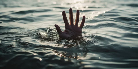 Fotobehang The hand of a drowning person emerges above the ocean's surface, vanishing into the vast, endless expanse of the deep blue sea. © sandsun
