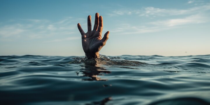 The hand of a drowning person emerges above the ocean's surface, vanishing into the vast, endless expanse of the deep blue sea.