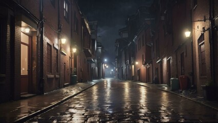 Naklejka na ściany i meble Back street alley with old city houses in the rain at night. 